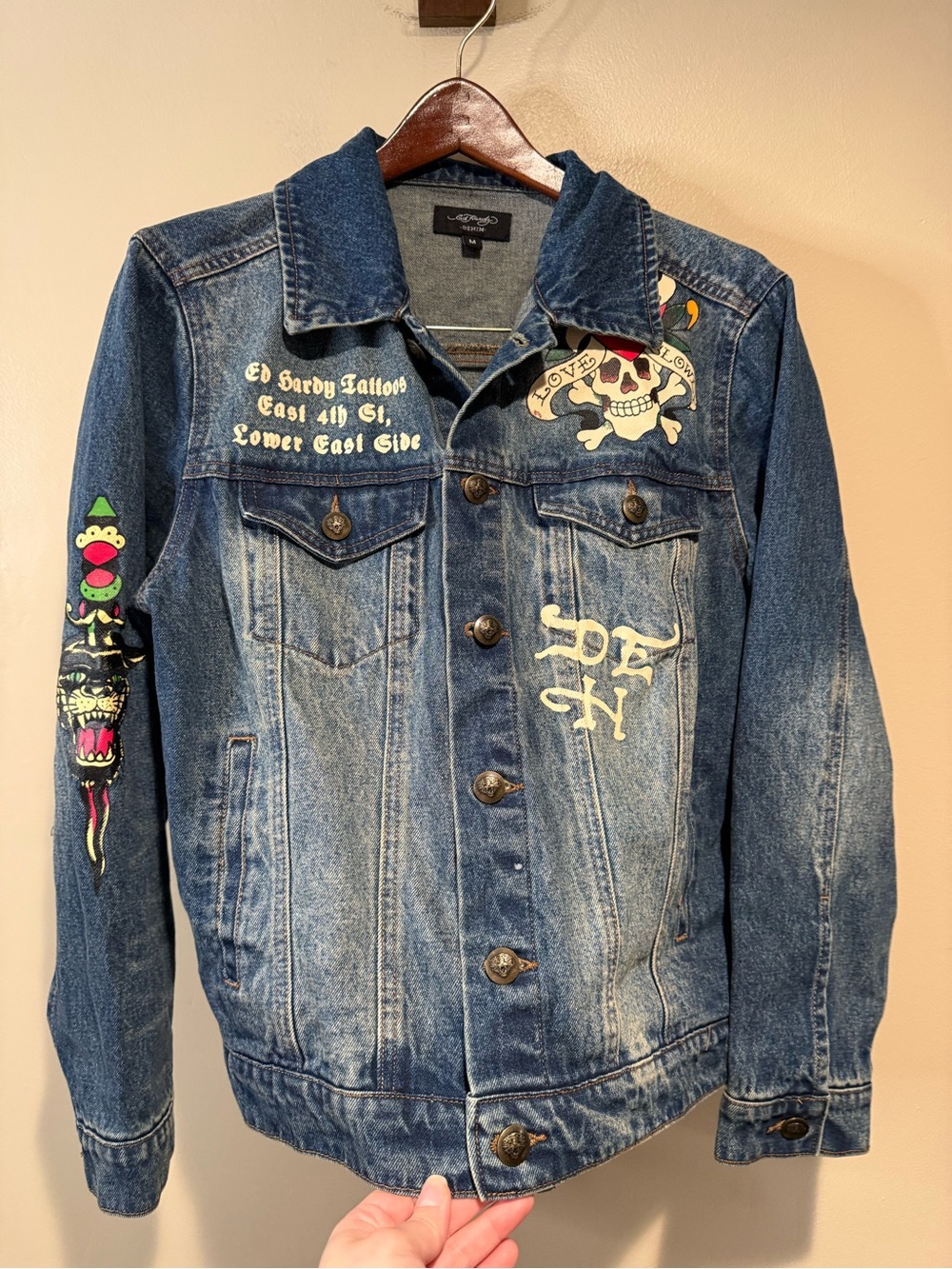 ED HARDY Flaming skull denim jacket men’s medium - Picture 6 of 10